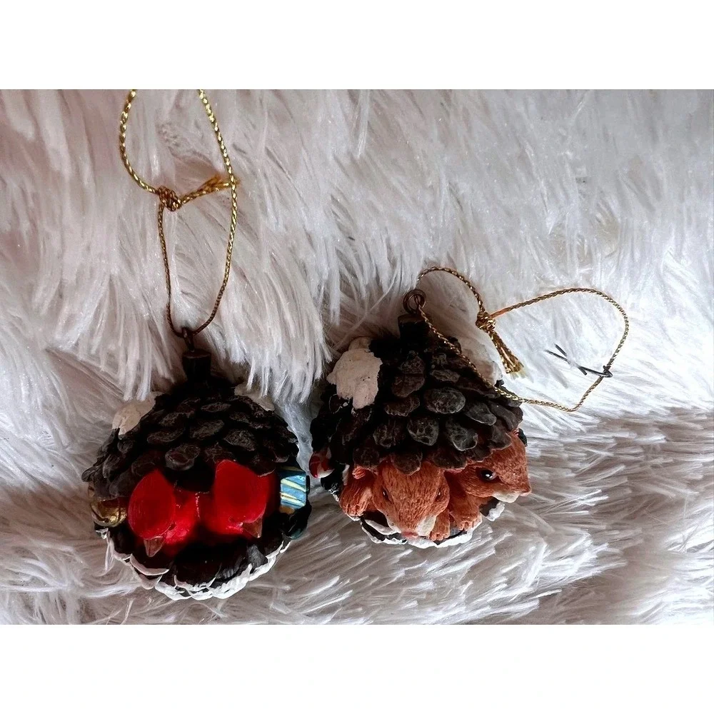 Pine Cone Christmas Ornaments Set 2 Cardinal Mice Snow Woodland Charm Forest